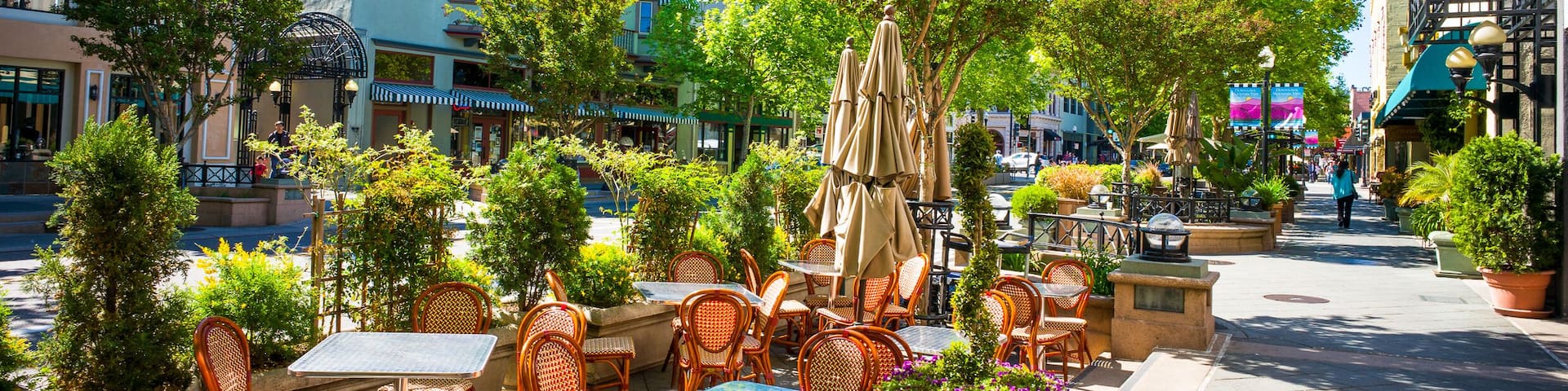 Castro Street in downtown Mountain View, California, USA. Morning sunshine.