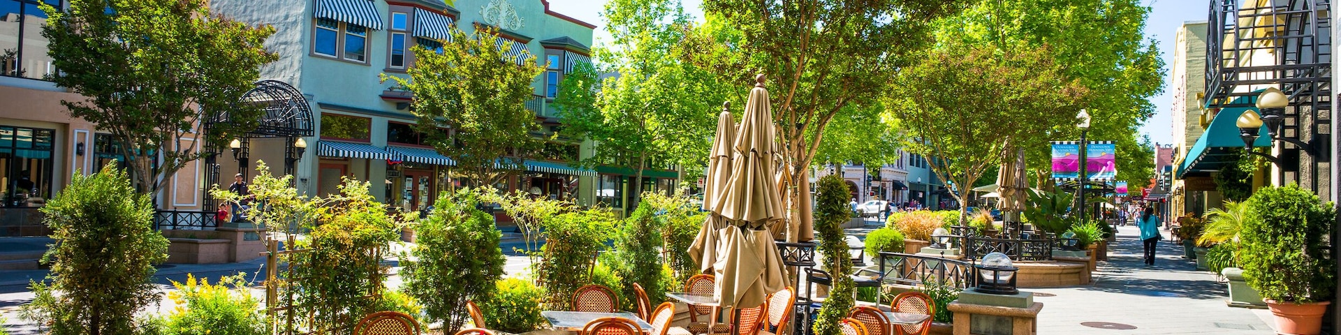 Castro Street in downtown Mountain View, California, USA. Morning sunshine.