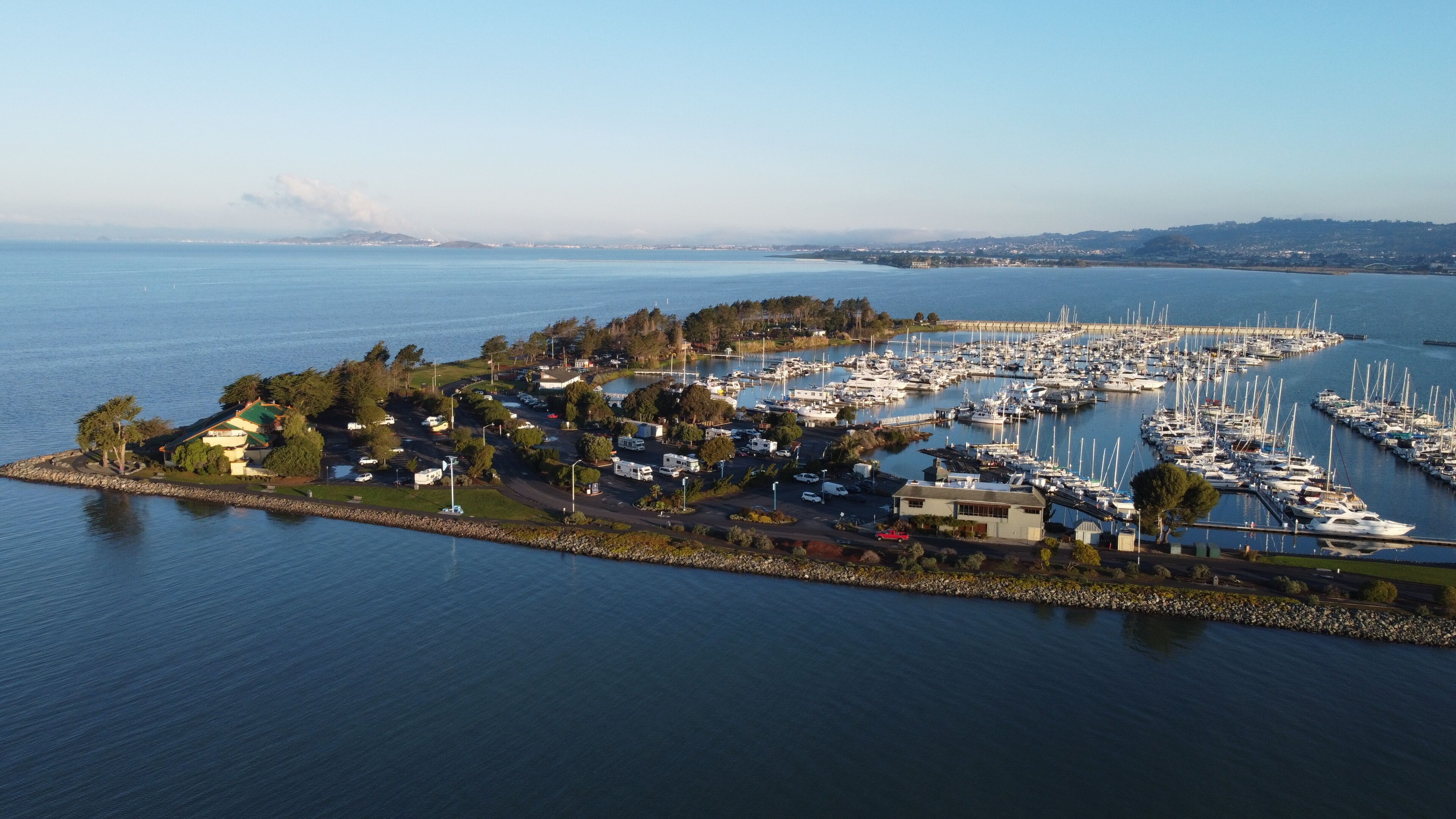 Aerial photo from a drone of Emeryville Marina Park in Emeryville California.