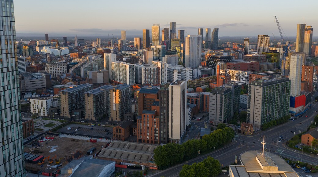 Aerial perspective of Manchester Skyline touched by the morning sunlight