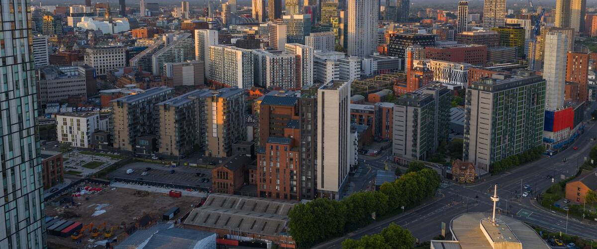 Aerial perspective of Manchester Skyline touched by the morning sunlight