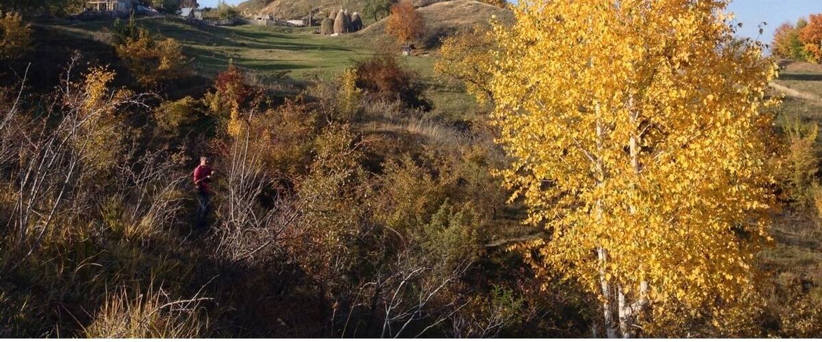 A landscape with autumn foliage, rolling hills, and a clear blue sky.