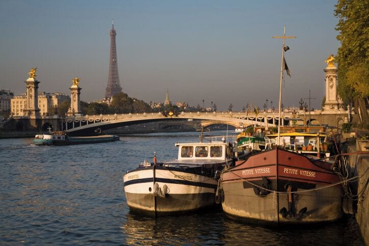 France, Paris, Seine, barges moored on river