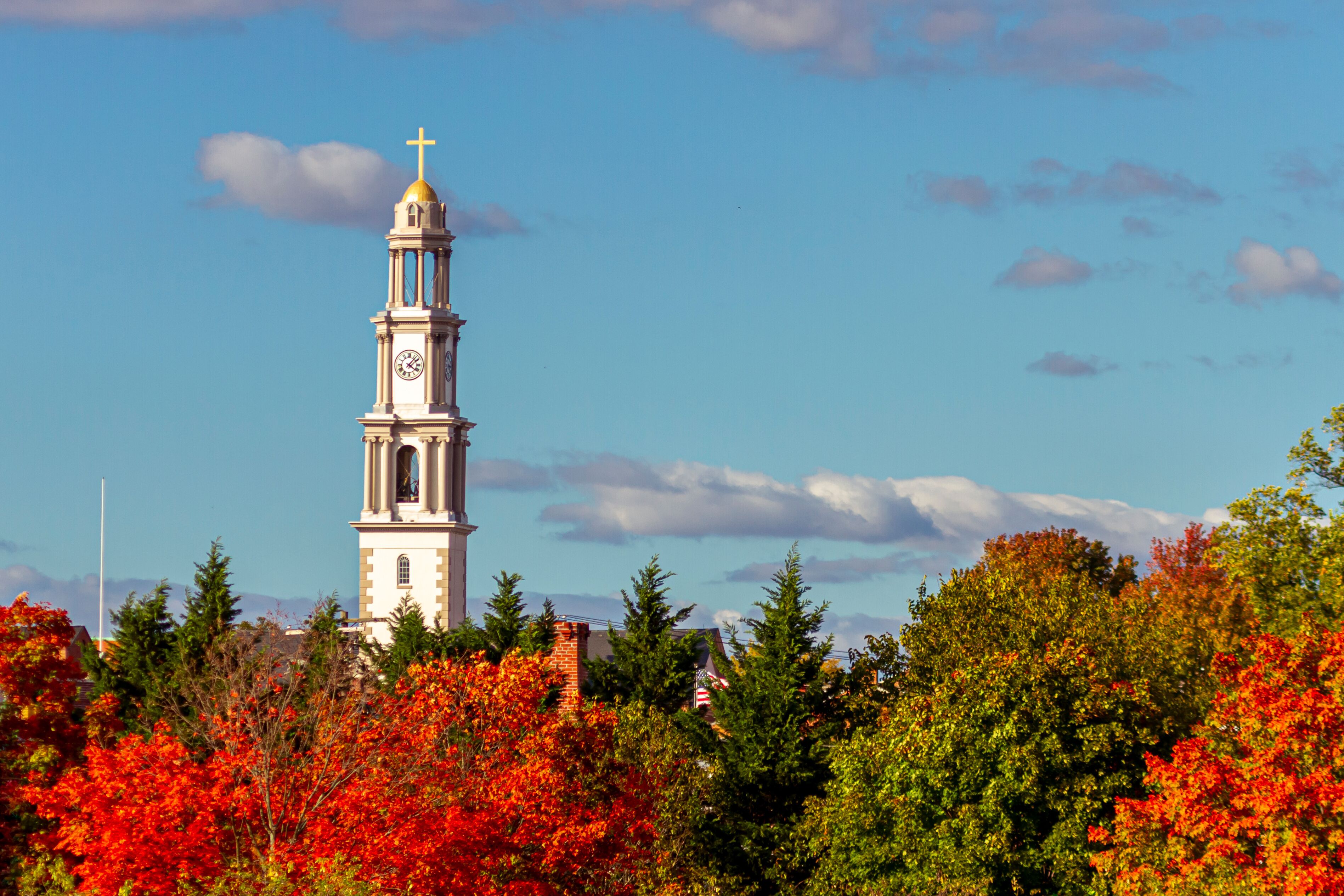A scenic view of Frederick on a sunny afternoon in fall. The tallest building in city (bell tower of St. John the Evangelist Catholic Church) towers above trees in autumn colors.