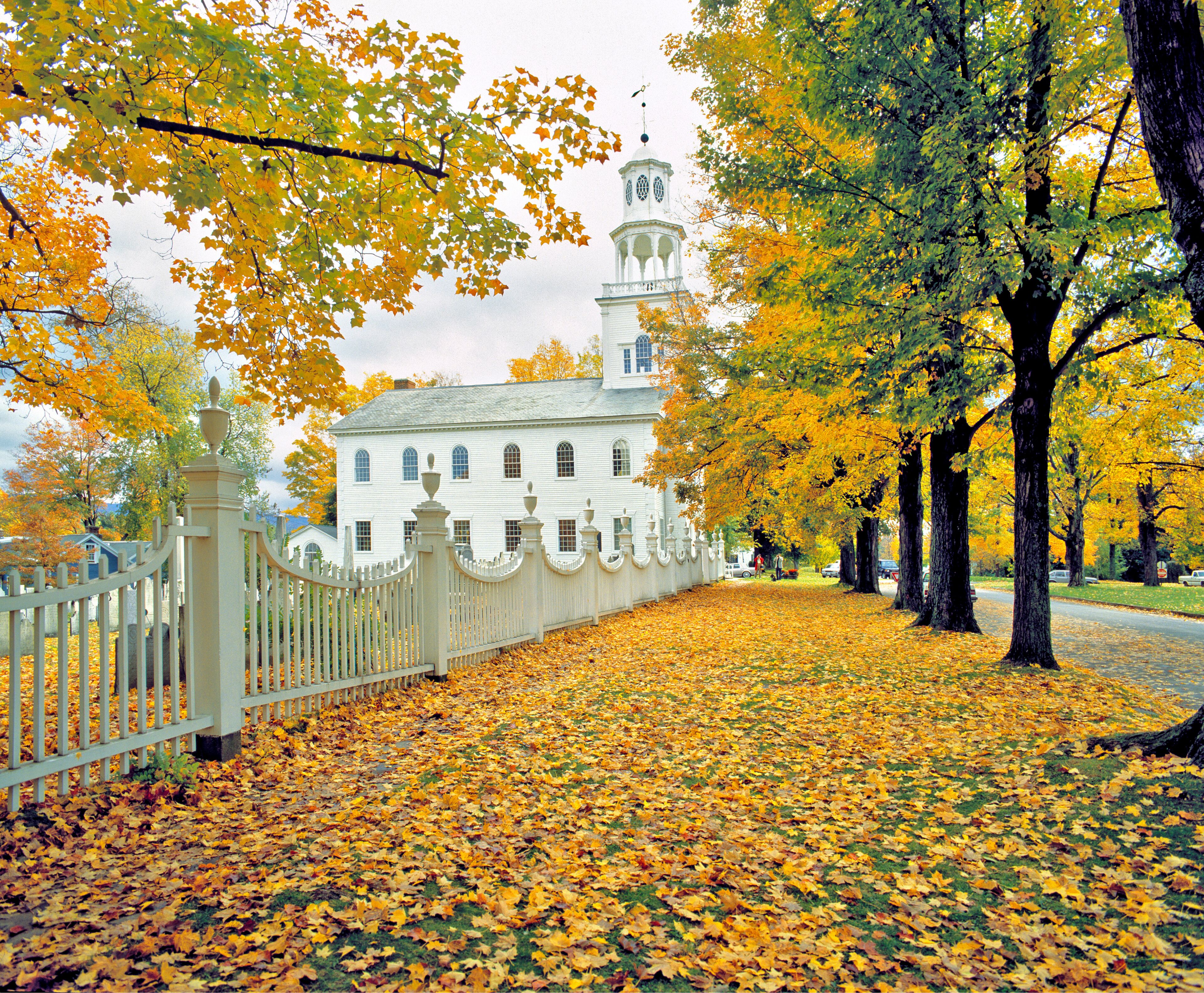 USA, Vermont, Bennington. Amidst fallen fall foliage stands this lovely white church in Bennington, Vermont.