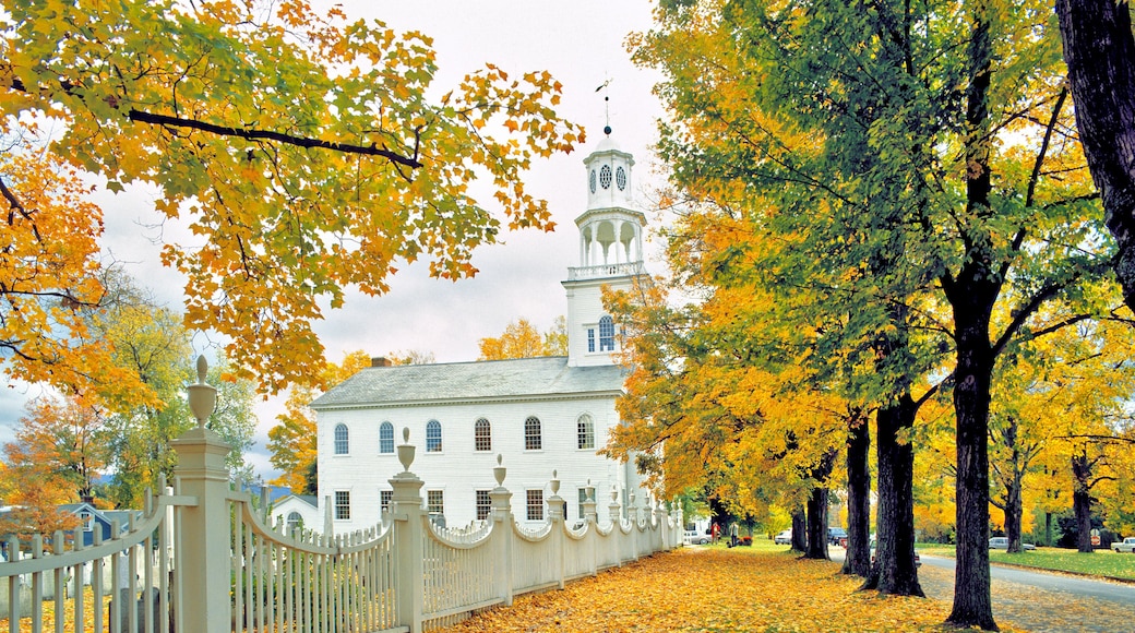 USA, Vermont, Bennington. Amidst fallen fall foliage stands this lovely white church in Bennington, Vermont.