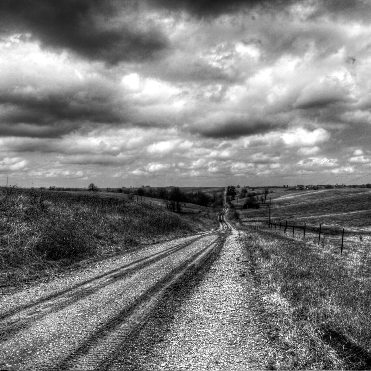 To tell this little tale would take a second. I was intentionally lost in Iowa, trying to meander my way towards Chicago from Kansas. On the way out of town I saw a small road that originally was paved. So thinking, Oh, maybe I will see farms, grass, and other great things of Iowa, I took it. the pavement ended. But I have a front wheel drive sedan, I've been off-roading in this car before (really, I have), this gravel road isn't bad. So I took it. I stopped at the top of this hill, because it was beautiful! Took my photos, but noticed something. The ground was really mushy (the thaw had just happened). But, I didn't really think anything of it, I knew it had rained recently and snowed a week before, but whatever, it'll be okay right?! Wrong, about halfway down the hill I braked and instead of slowing down, my car just slid...about 30 feet, and started to go sideways. After stopping I realized the position I was in. Not thinking backing up this hill was really an option, I decided to keep going. (Notice the bigger hill in the distance). At the bottom of the hill it got worse; I would give it gas, my car would slide and turn sideways. Driving on wet ice is easier then this was, and I hadn't even gotten to an uphill yet. I stopped at the base of the next, smaller hill and began praying to the road gods that I make it up the hill. With no service, and a few miles from town, I knew how bad this could get very quickly. I also didn't know if a tow truck could even help. I started up the hill, at .05 miles a hour in first gear, at first it wasn't so bad... then things went sideways, literally. After about 4 tries and the pondering of turning around to try going the other way, I decided maybe speed is a good thing. So I tried first gear, high revving it, at about 10 miles an hour. After some initial spinning and not turning to much I got up the hill, and then saw the much bigger, steeper hill. Keep in mind, my GPS said that there was a cross road, back to the highway, about 2 miles further down the road. So, me being me, decided. Lets go for it...about an hour later I made it to the second road (the first one didn't exist) that should lead me back to the highway. In the end, I made it, without hurting me or my car. the moral of this story, if you are from a state that doesn't routinely have ground frost and thaw, don't think you can drive on a dirt road with your sedan, and even if you are from one of those states, get four wheel drive. it did however make for a beautiful countryside.  