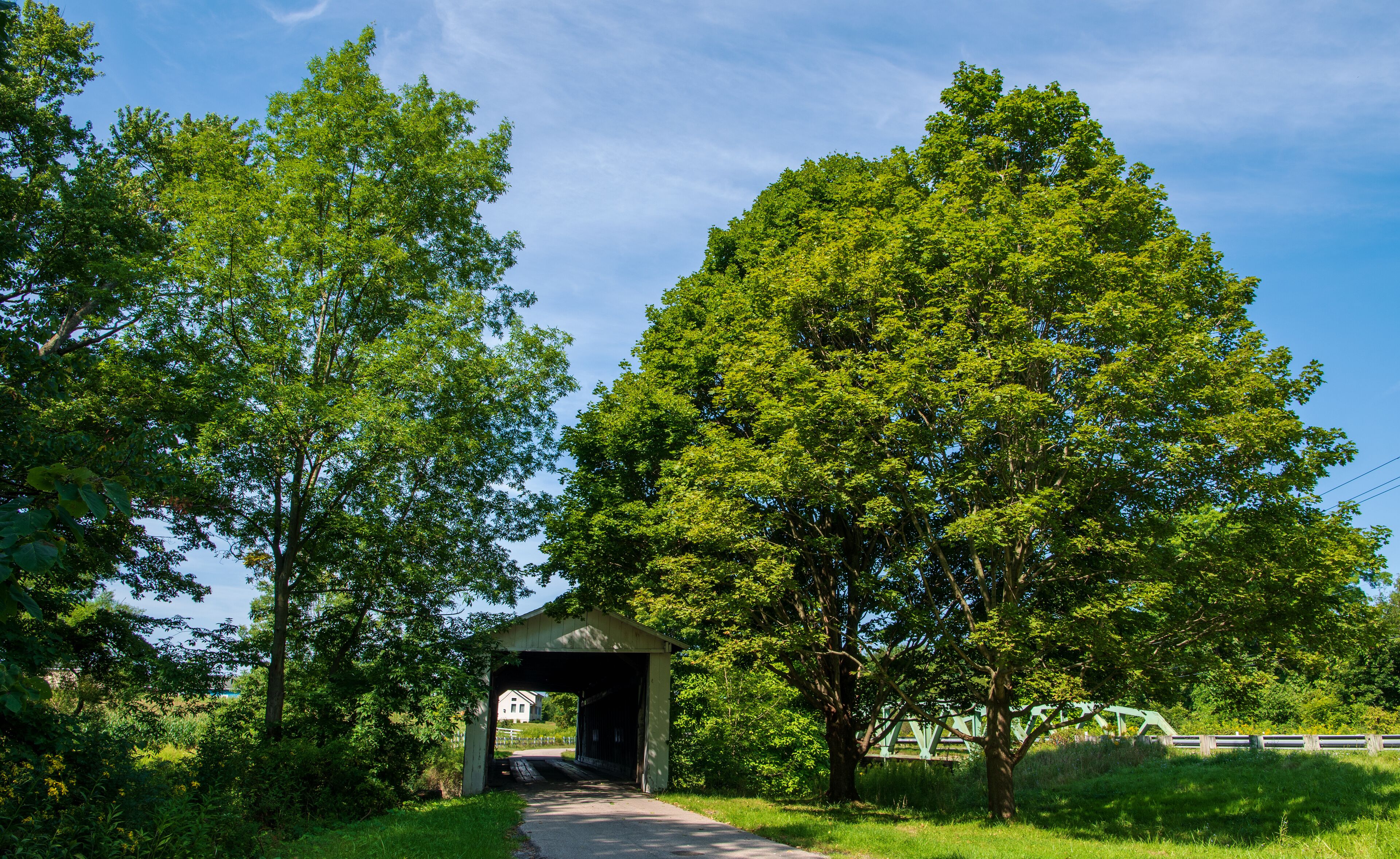A covered bridge, lush greenery, and a clear blue sky.