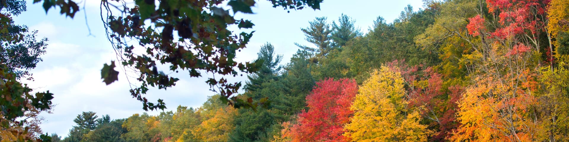 Bright fall foliage and old mill on the Farmington River in Canton, Connecticut.