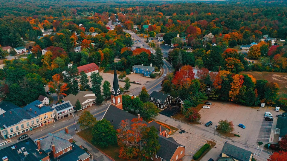 Aerial Drone Photography Of Downtown Farmington, NH (New Hampshire) During The Fall Foliage Season