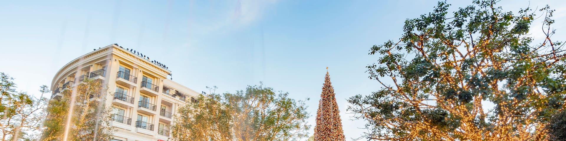 A plaza with a large Christmas tree, a fountain, and buildings with balconies.