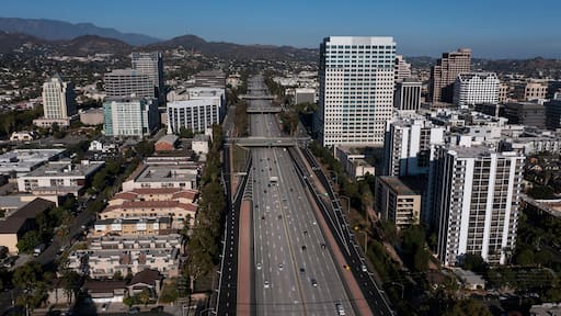Glendale, California, USA - August 18, 2024: Afternoon sunlight shines on the downtown urban core of Glendale.