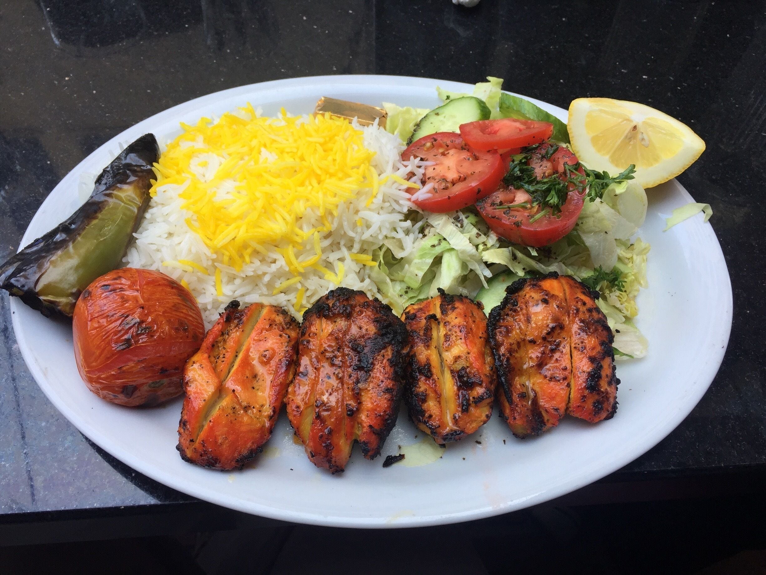 A plate of delicious Mediterranean awesomeness - chicken kebab with rice pilaf #GoodEats