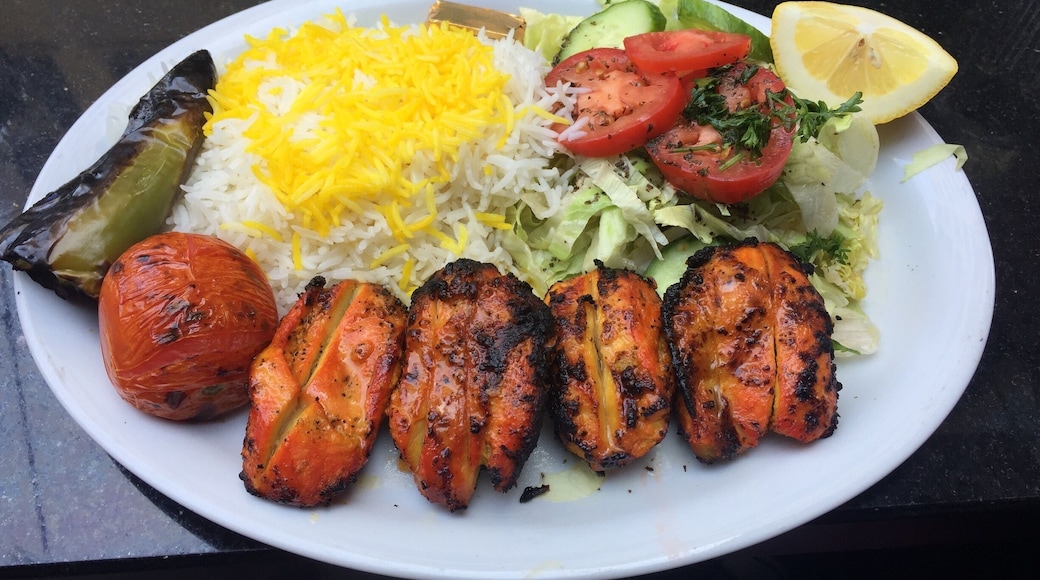 A plate of delicious Mediterranean awesomeness - chicken kebab with rice pilaf #GoodEats