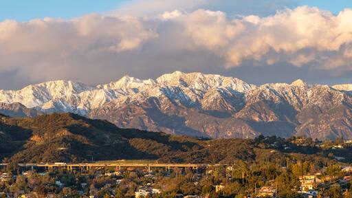 Snow covered mountains over the city of Eagle Rock in Los Angeles, CA