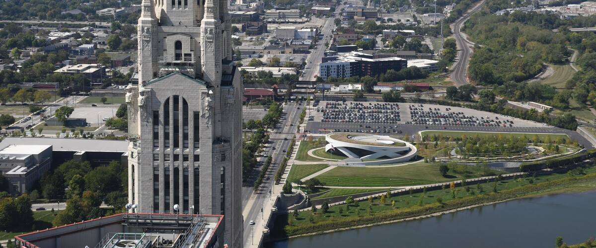 An aerial of the Columbus, Looking west along Broad Street, Columbus, OH