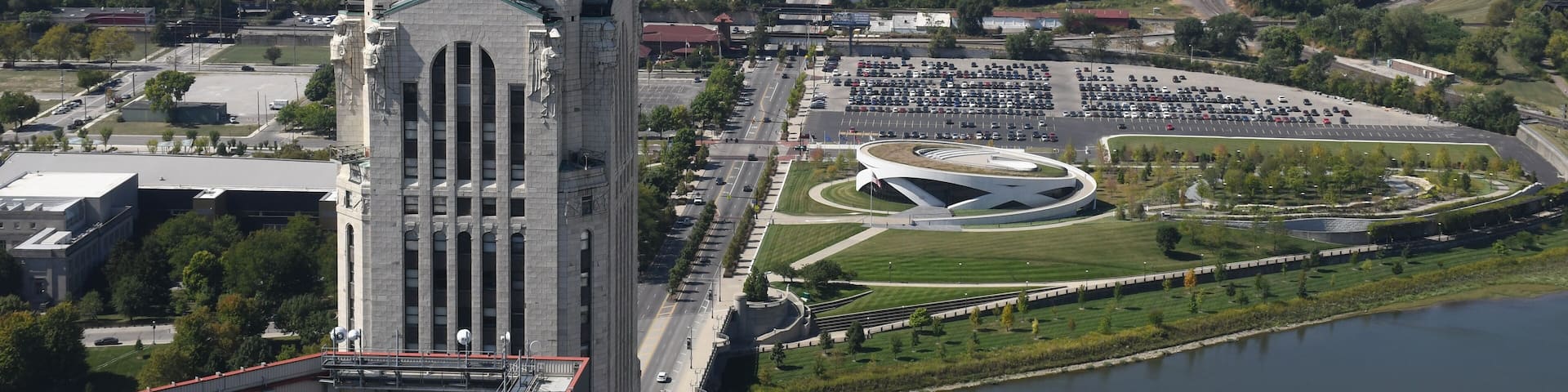 An aerial of the Columbus, Looking west along Broad Street, Columbus, OH