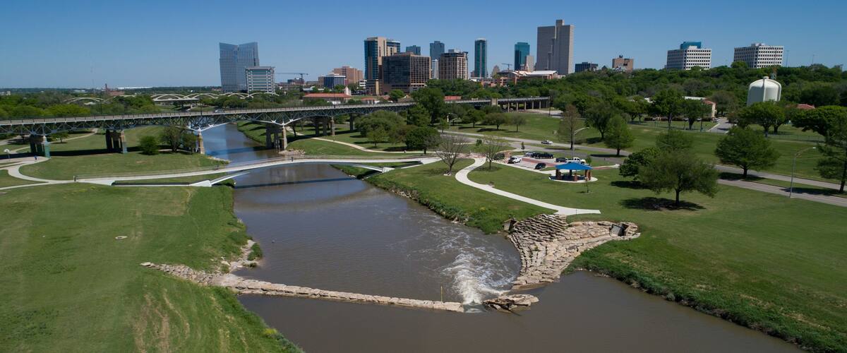 Fort Worth skyline with the Trinity River. Aerial