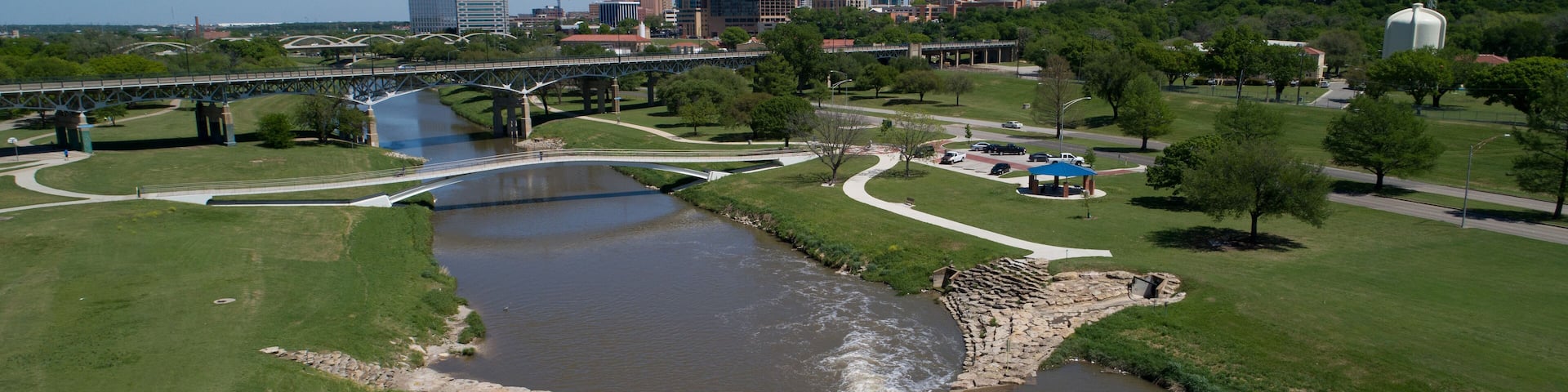 Fort Worth skyline with the Trinity River. Aerial