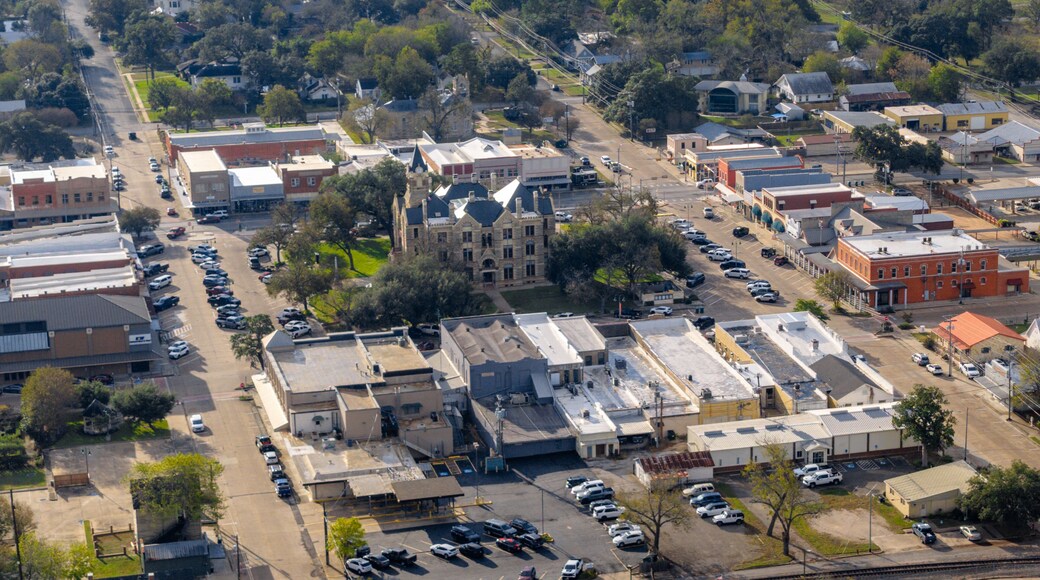La Grange, Texas, USA - December 2, 2025 Aerial view of West Travis Street, La Grange on an overcast fall afternoon.