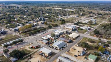 Flatonia, Texas, USA - December 2, 2025 Aerial view of Main Street Flatonia on an overcast fall afternoon.