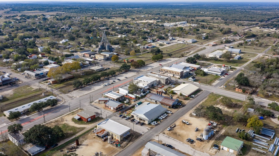 Flatonia, Texas, USA - December 2, 2025 Aerial view of Main Street Flatonia on an overcast fall afternoon.