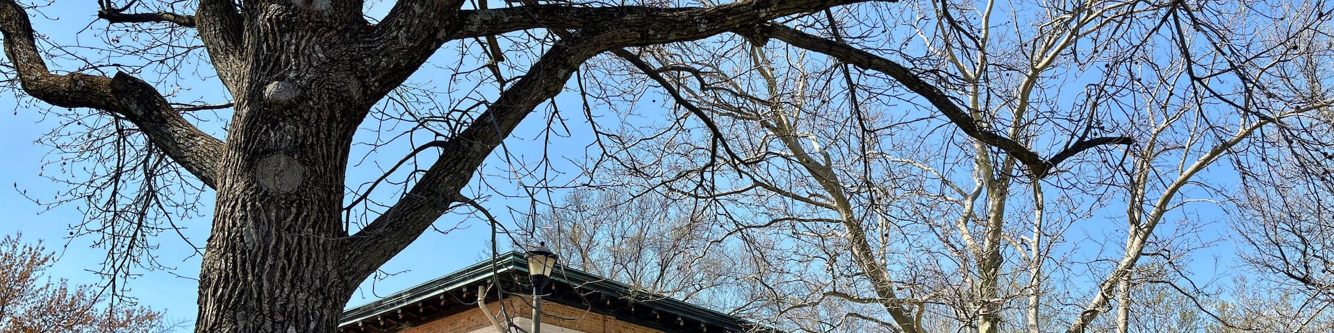 Historic brick pavilion with arched columns in early spring park