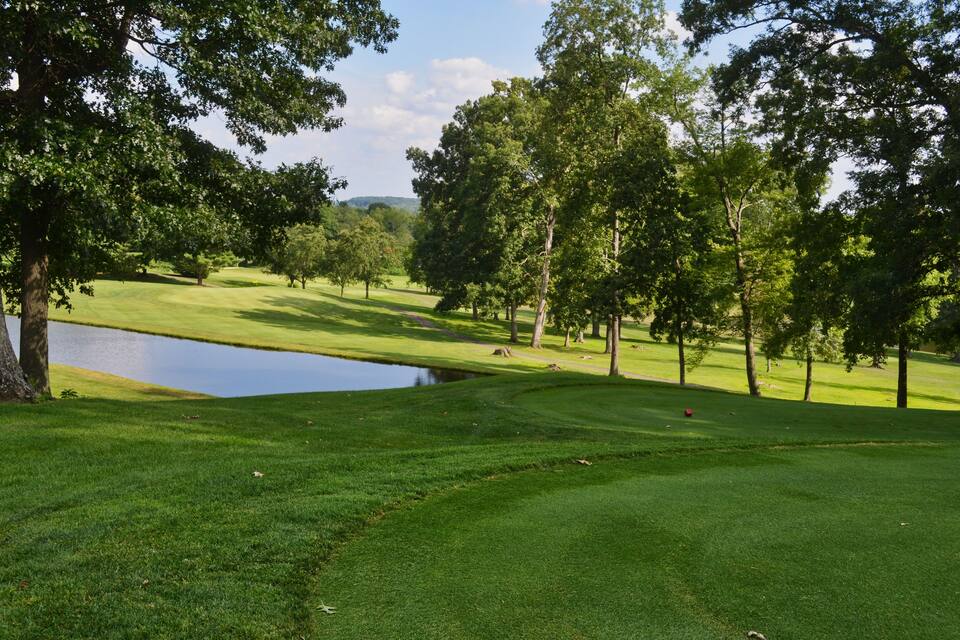 A golf course with a pond, trees, and a clear sky.