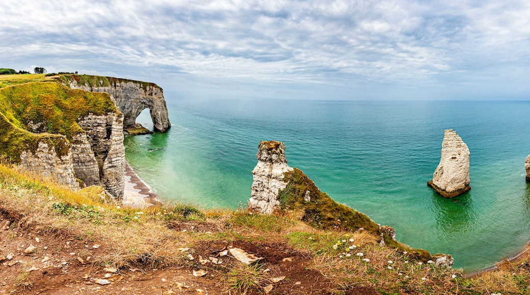 A coastal landscape with prominent chalk cliffs and a clear blue sea.