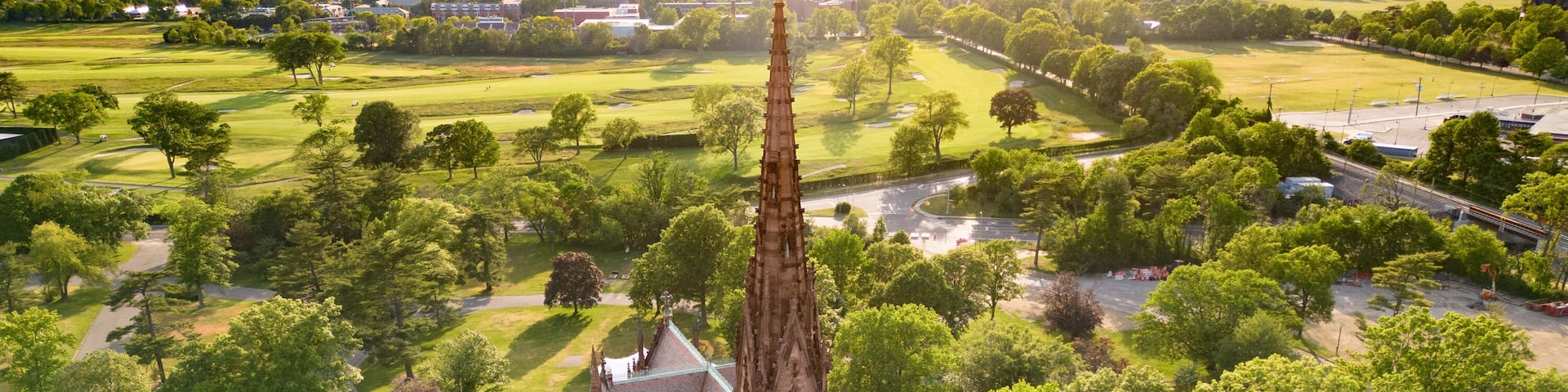 Aerial view of historic landmark Cathedral of the Incarnation in Garden City, Long Island, New York,