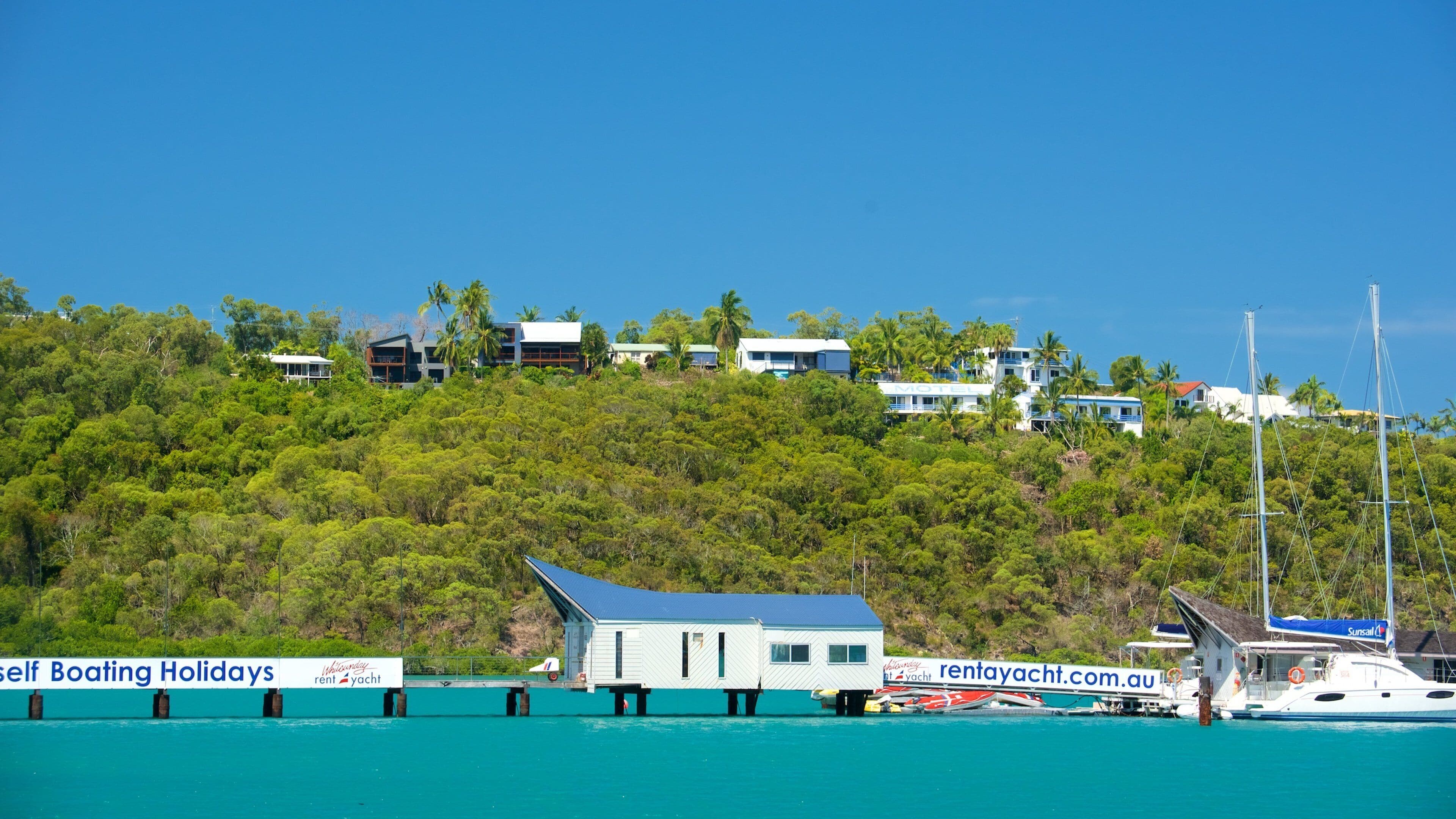Shute Harbour montrant signalisation, vues littorales et scènes tropicales