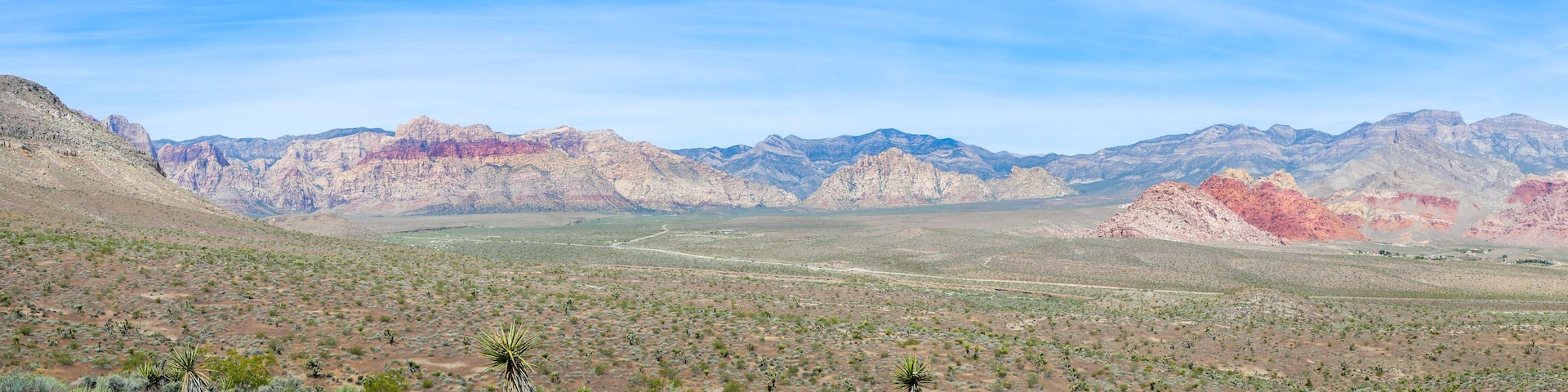 Panoramic view of blue diamond highway and Red Rock Canyon State Park.