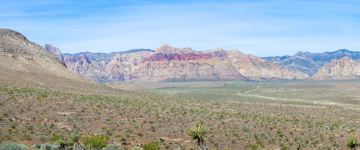 Panoramic view of blue diamond highway and Red Rock Canyon State Park.