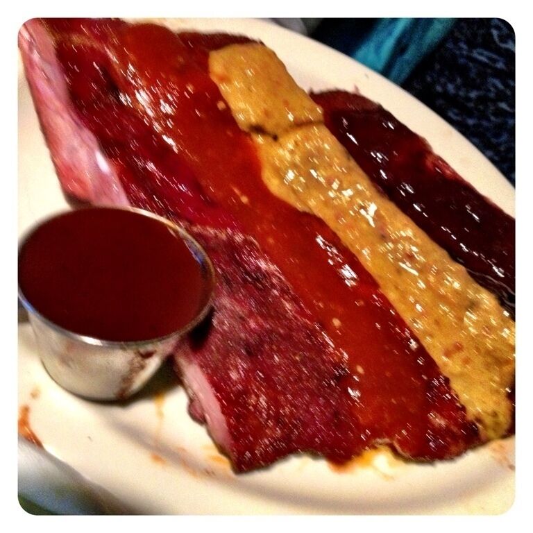 A sampling of spicy beef ribs: ginger glaze, hell bone, and ghost bone. Broke a sweat on hell, cried on ghost.  Recommend to have milk or at least copious amounts of beer to cool off... But getting through all three is a fun challenge to try with your table. (Sorry for marginal photo)