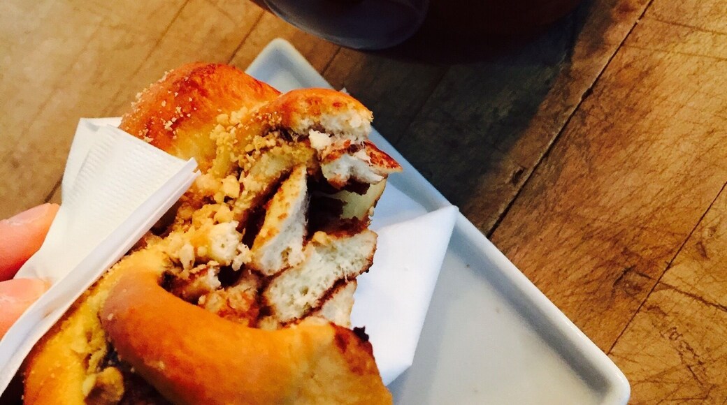 Awesome soy milk cappuccino and almond croissant! Damn yum