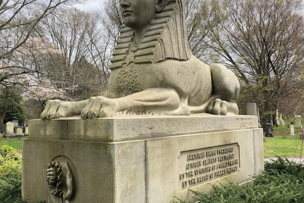 The Sphinx at Mount Auburn Cemetery in Cambridge, Massachusetts. Created my Martin Milmore in 1872, the Sphinx is a Civil War memorial and celebration of the end of slavery. Gifted to the cemetery by Dr Jacob Bigelow.