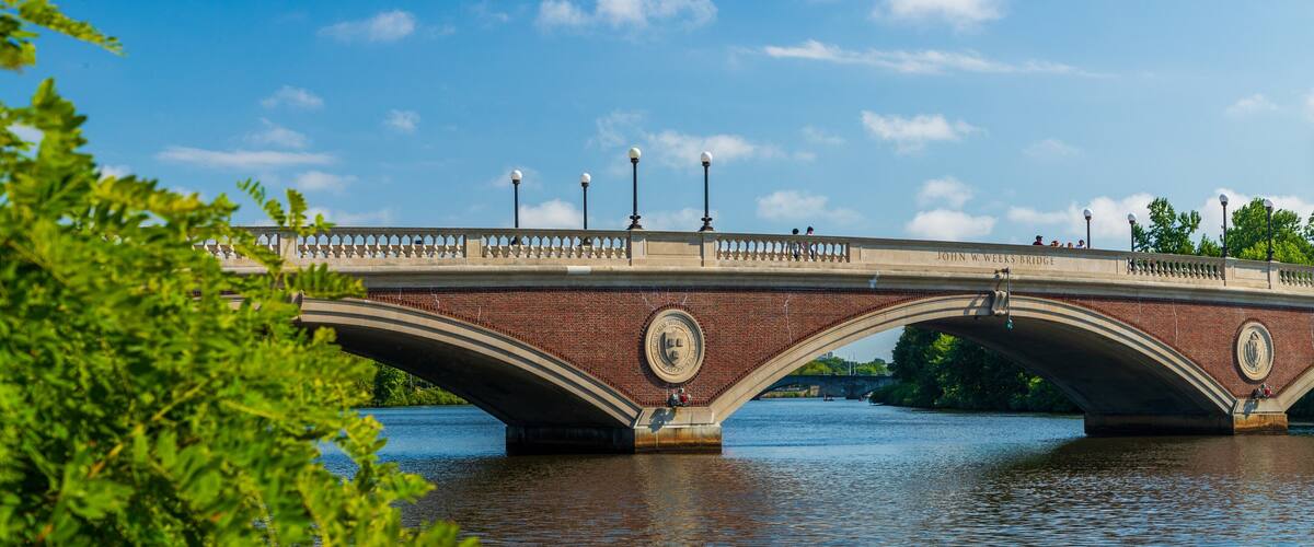 Un pont à arc en briques, agrémenté d’éléments décoratifs et de lampadaires.