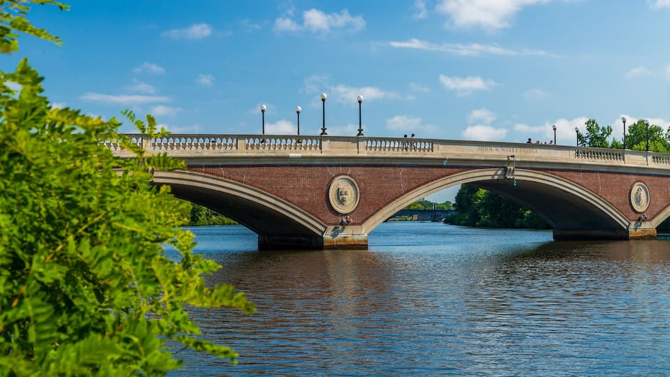 A bridge with a brick arch design, featuring decorative elements and street lamps.