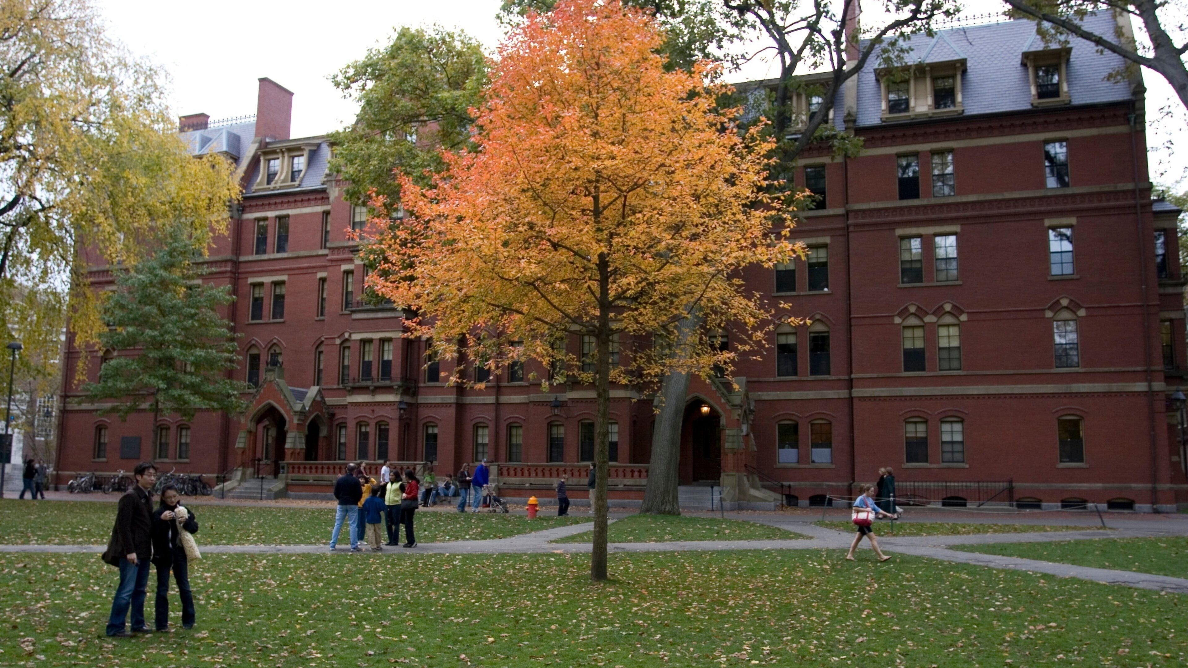 A red brick building with arched windows and a tree with orange leaves.