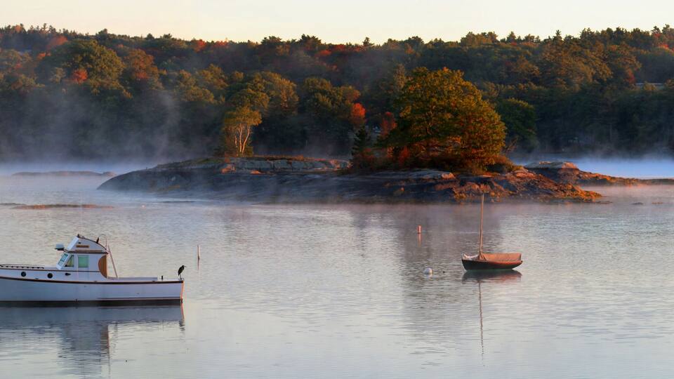 A calm lake with boats, a misty forest, and a small island with a tree.
