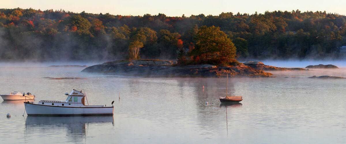 A calm lake with boats, a misty forest, and a small island with a tree.