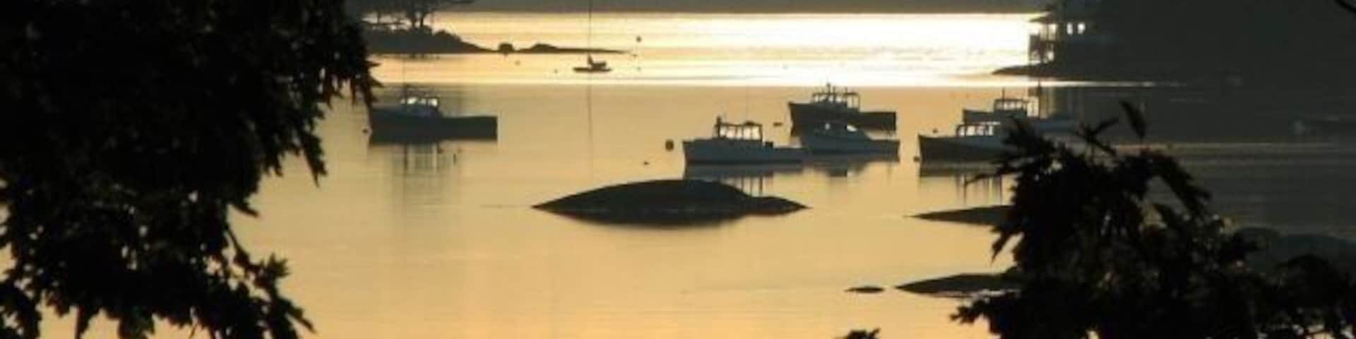 Un lago tranquilo con barcos, rodeado de árboles y colinas a lo lejos.