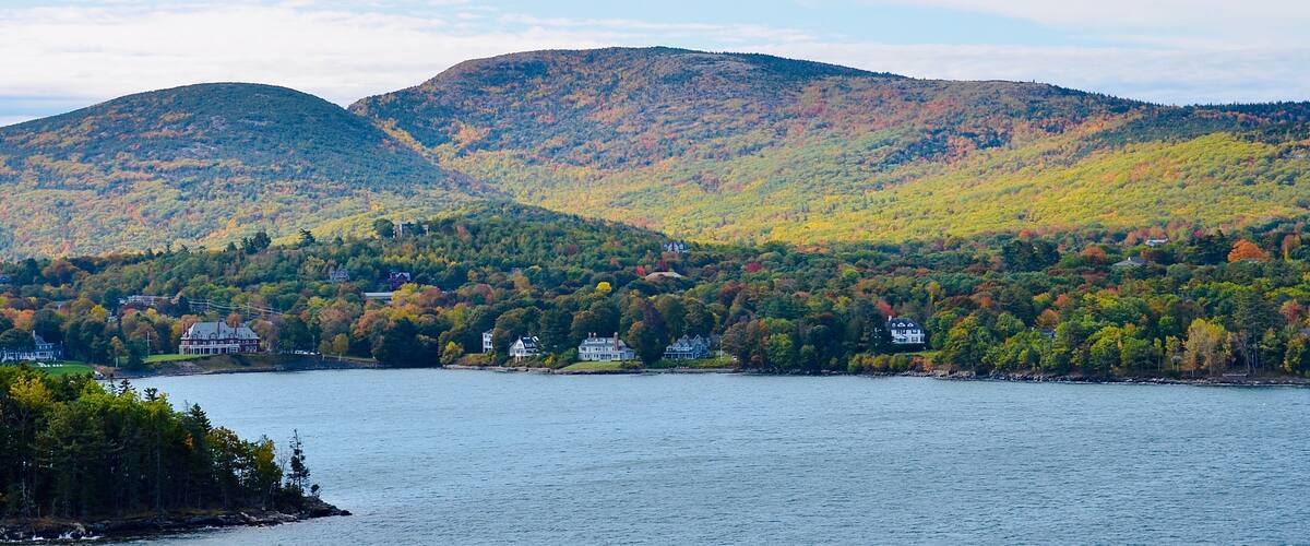 Landscape along the coastline in Bar Harbor, Maine, USA. Autumn scene.
