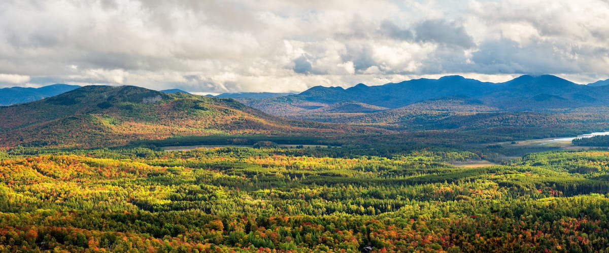 A forested valley with autumn foliage and distant mountains under a cloudy sky.