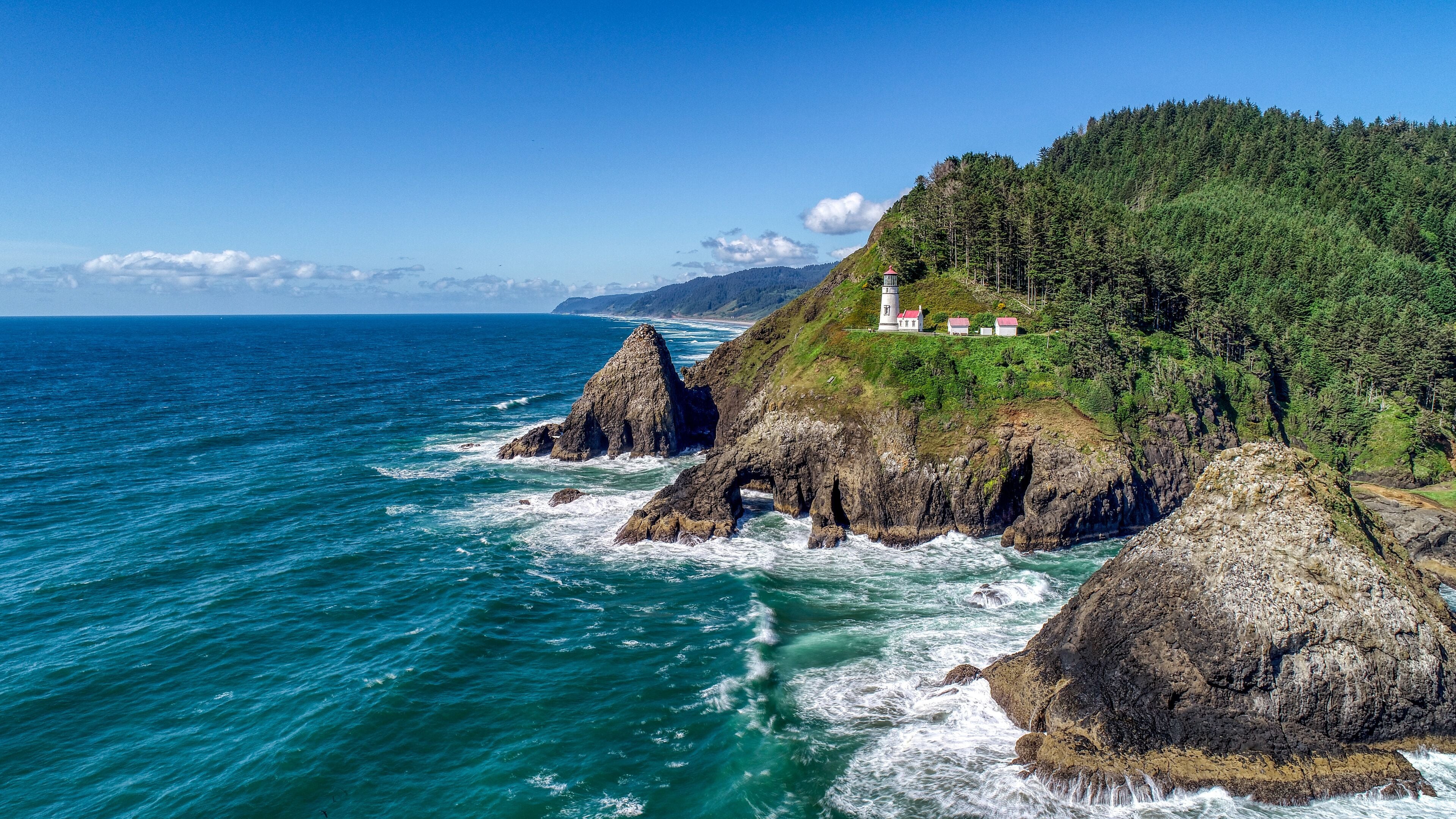 Drone view of Heceta Head Lighthouse on the Oregon Coast near Florence.