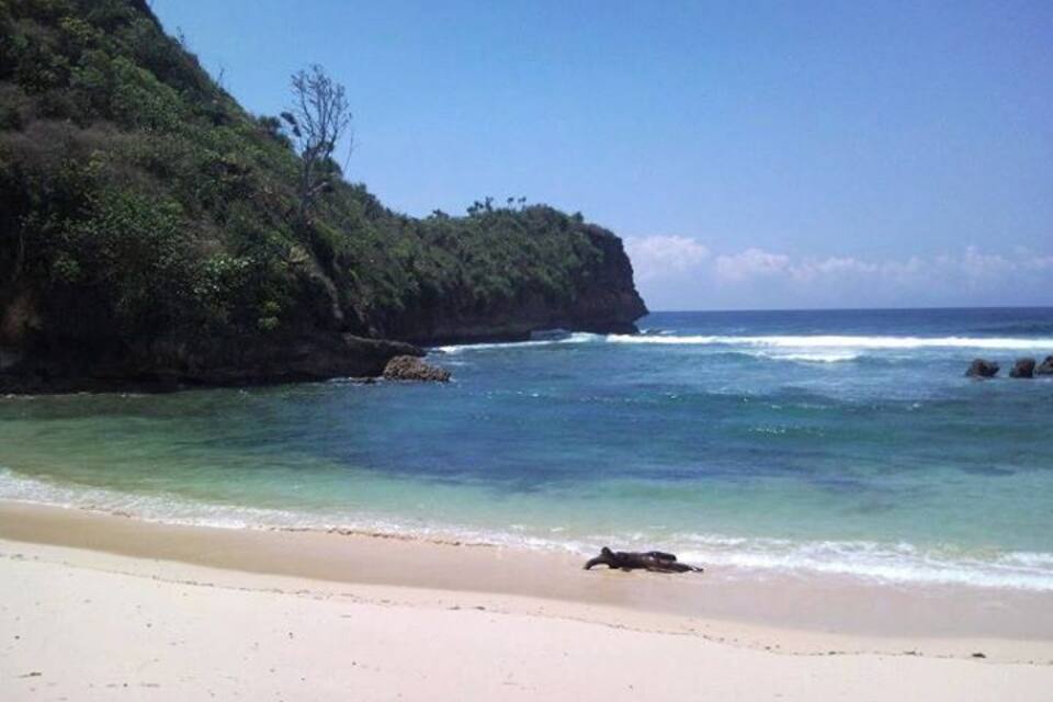 A beach with clear turquoise water, a sandy shore, and a rocky cliff with vegetation.