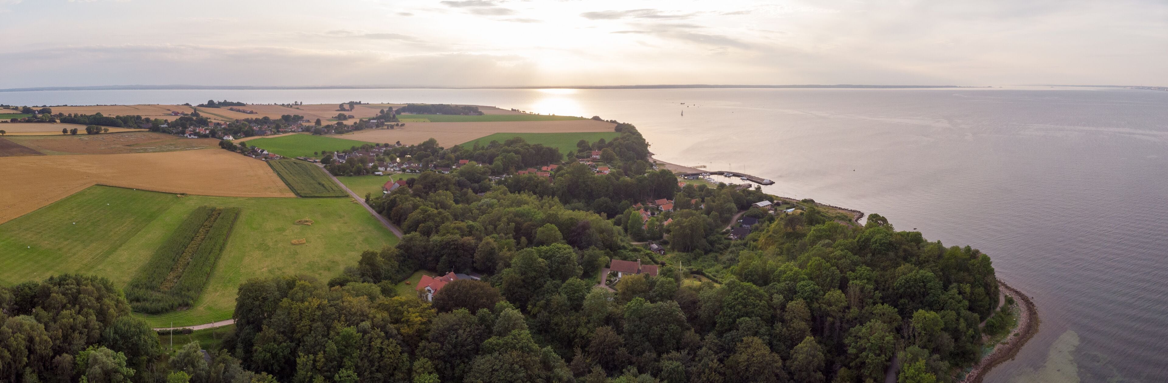 Aerial view of the northern part of the island Ven in southern Sweden during a summer sunset. 
