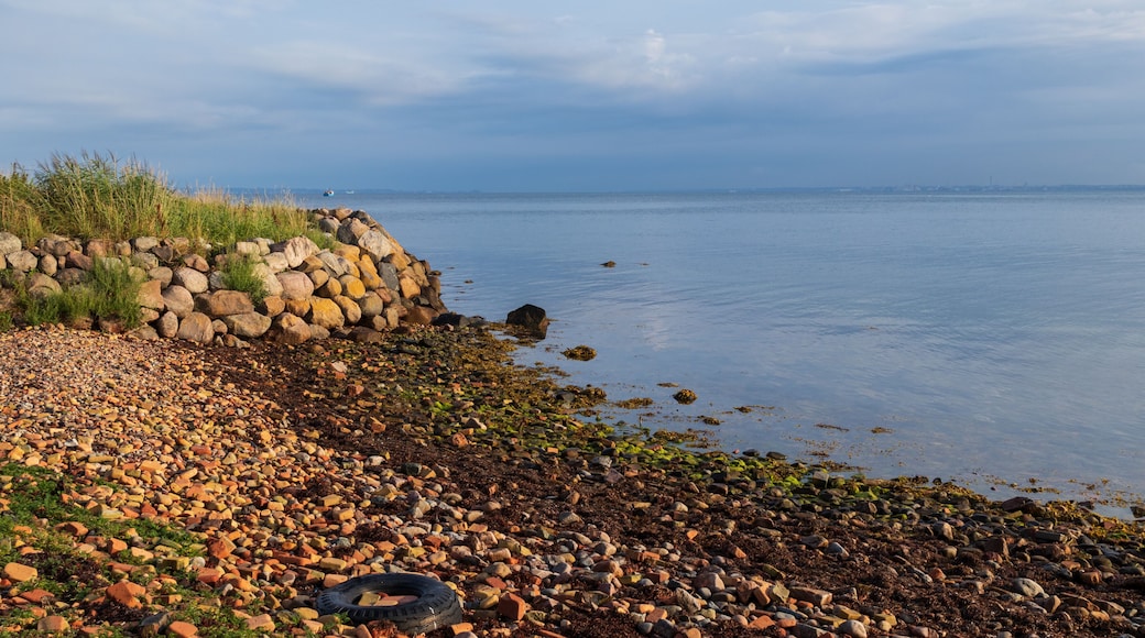 Stone beach on the island of Ven in southern Sweden during a warm summer sunrise.