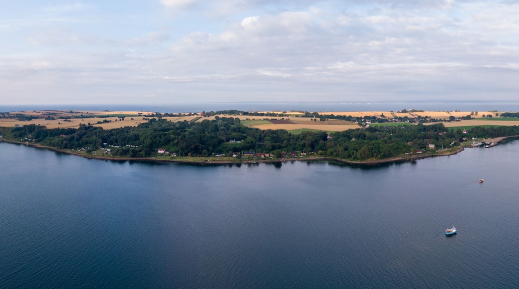 Aerial panorama of Ven island in southern Sweden during a summer sunrise.