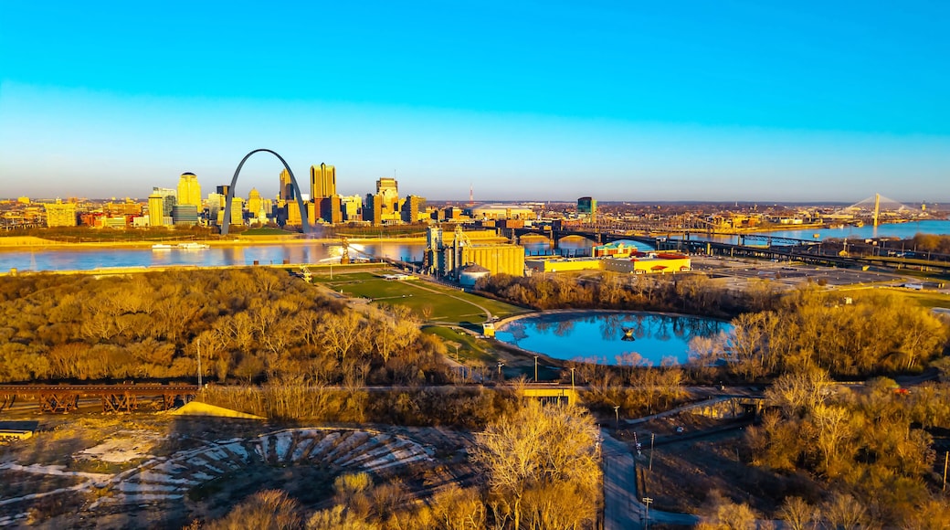 Gateway Arch and St Louis Skyline Aerial at Golden Sunset